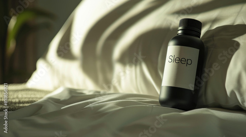 Sleep Aid Supplement Bottle on Cozy Bedroom Setting