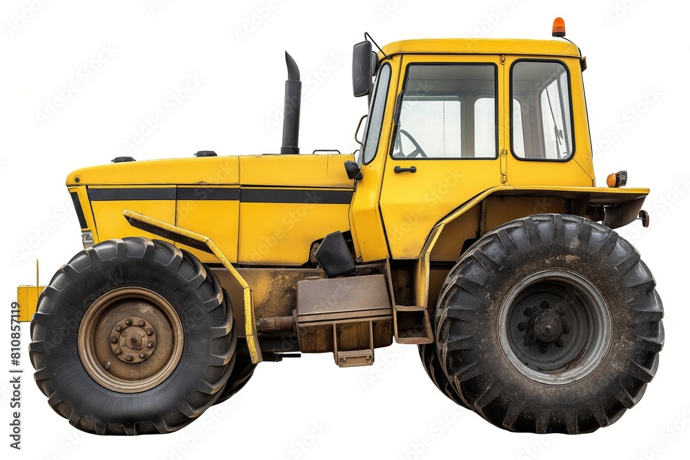 Side view of a classic yellow tractor with large wheels and dirty bodywork, isolated on a white background