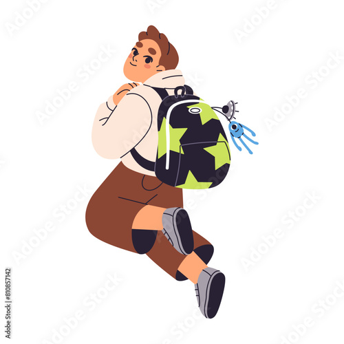 Happy boy jumps, has fun. Cute kid carries backpack. Funny child with schoolbag raises in the air. Little student rejoices to back to school. Flat isolated vector illustration on white background