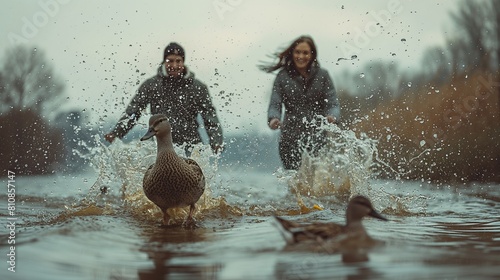 a little crazy, very funny people running after a duck