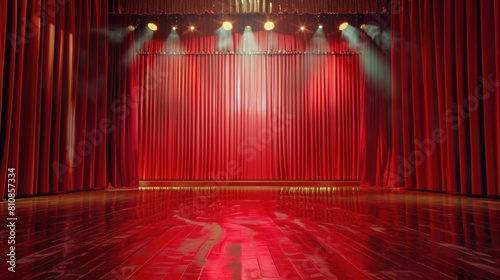 A stage set up with a red curtain and bright spotlights. Perfect for theater or performance concepts
