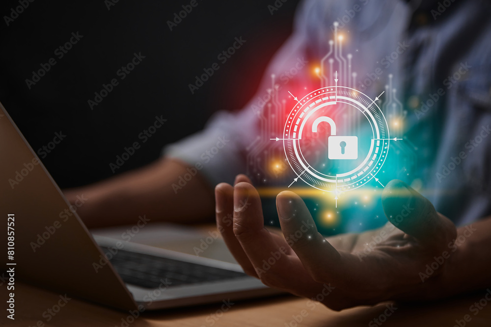 Red Turquoise Unlock Cybersecurity or Internet Network Security Systems Technology and Encryption Data Protection Concepts. Cybersecurity Unlock in HUD and Circuit and Laptop Computer Red Turquoise Unlock Cybersecurity or Internet Network Security Systems Technology and Encryption Data Protection Concepts. Cybersecurity Unlock in HUD and Circuit and Laptop Computer