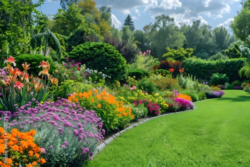 Fototapeta Naklejka Na Ścianę i Meble -  Large garden blooming with colorful flowers and trees