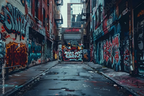 A person walking on a street with graffiti