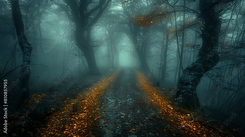 A dimly lit path through a foggy forest with gnarled, twisted trees and a carpet of fallen leaves.