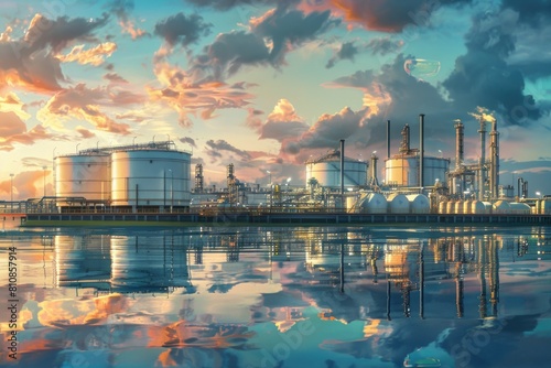 Oil refinery at sunset reflecting in water. Ideal for industrial, environmental, and energy concepts