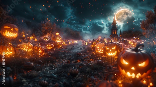 A mystical pumpkin patch under a starry night sky, each pumpkin carved with different ghastly faces glowing from within.