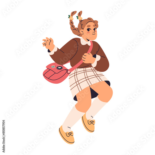 Little girl in uniform rejoices to back to school. Happy child with pigtails jumps. Cute kid with schoolbag has fun. Schoolgirl celebrates summer vacation. Flat isolated vector illustration on white