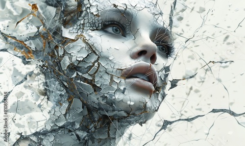 Abstract female face. Human like woman with web and cracks in features. photo