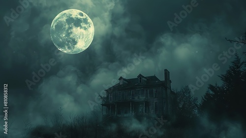 Behold a distant view of a haunted house silhouette against a backdrop of a glowing full moon and swirling clouds.