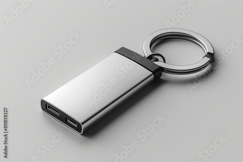 Blank metal keychain mockup light gray background.