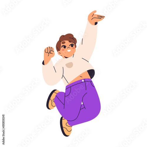 Excited boy hands up and jumps for joy. Happy kid has fun, rejoices to win, goals achievement. Cute child celebrates success, summer vacation. Flat isolated vector illustration on white background