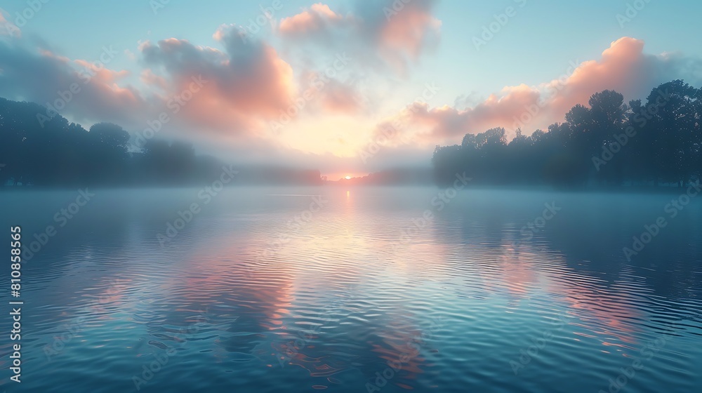 Capture the serene beauty of a foggy lake at dawn. Capture the serene beauty of a foggy lake at dawn.