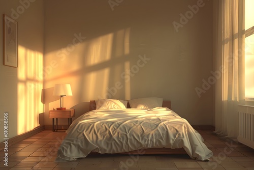 A bed with white comforter and lamp in room