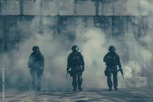 Group of soldiers walking through a smoke filled area. Suitable for military and war-themed projects