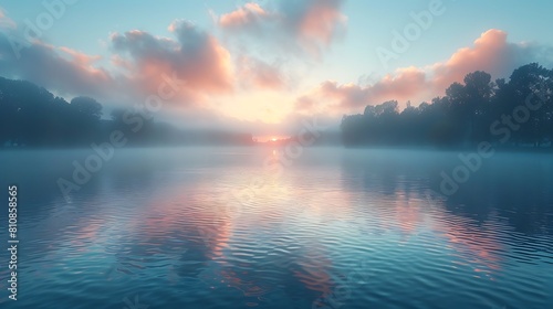 Capture the serene beauty of a foggy lake at dawn.