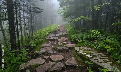 A foggy trail of granite stones through green forest in Green Mountain National Forest  Vermont