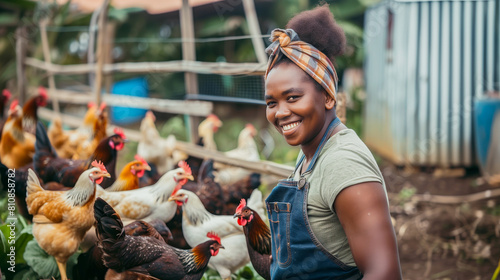 Smiling woman with flock of chickens in a farmyard photo