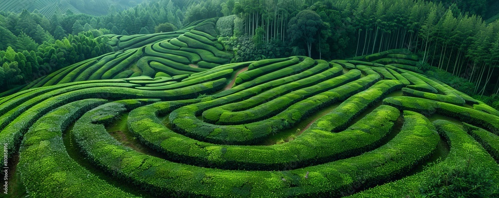 Aerial drone view of shapes of Cha Gorreana tea plantation at Sao Miguel, Azores, Portugal. Aerial drone view of shapes of Cha Gorreana tea plantation at Sao Miguel, Azores, Portugal.