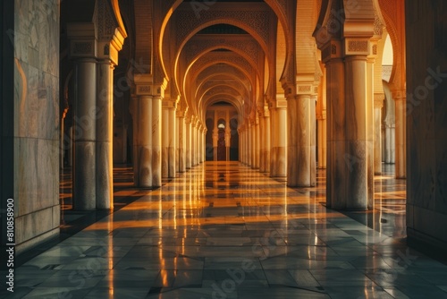 A long hallway with columns and a clock on the wall. Perfect for business and corporate concepts