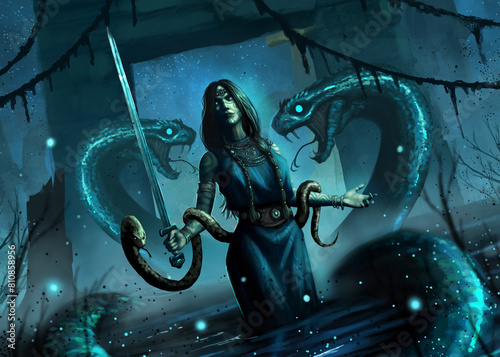A water witch in a Celtic tunic, controlling giant snakes, stands knee-deep in water with a sword in her hand and a small snake wrapped around her body against the background of ruins. 2d illustration