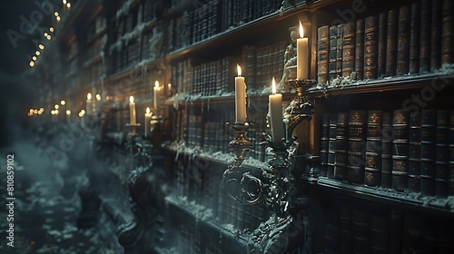 Discover a forgotten library where candles in ornate holders light dusty bookshelves. photo