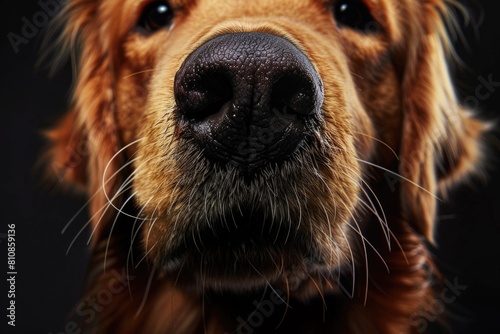 A close up of a dog's nose on a black background. Perfect for pet-related designs photo