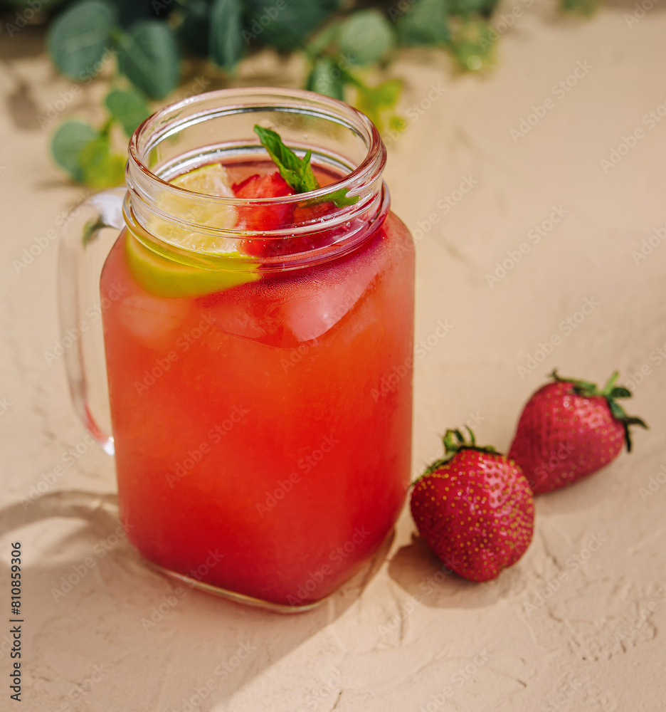 Refreshing strawberry lemonade in mason jar Refreshing strawberry lemonade in mason jar