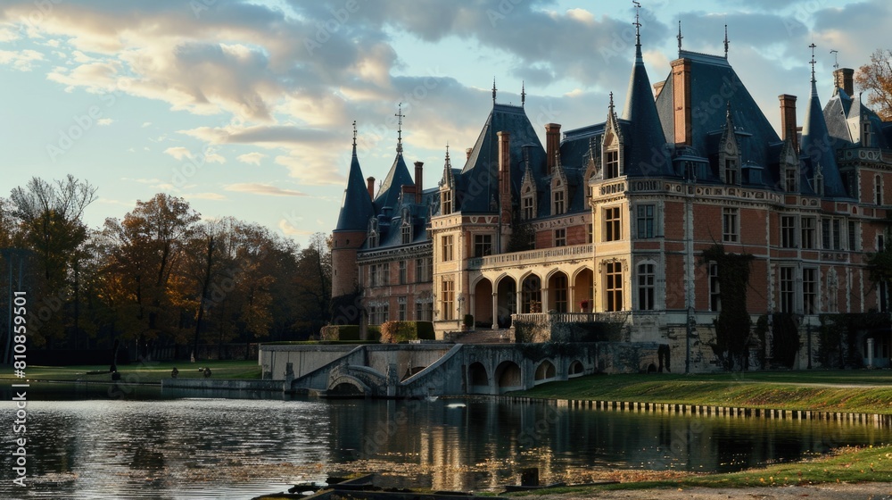 Obraz premium A large castle with a boat in front. Suitable for travel brochures