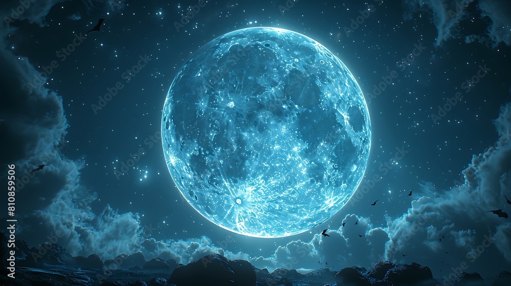 Dive into a mystical scene where a radiant full moon hangs in a starry sky, with dark bats fluttering around. Dive into a mystical scene where a radiant full moon hangs in a starry sky, with dark bats fluttering around.