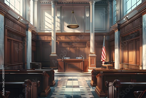 A courtroom with a flag and a clock on the wall