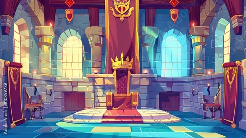 The interior of a medieval castle with a king in a golden crown on royal throne, knights in metal armor, tapestries on stone walls, and a game background with a king in their golden crowns.