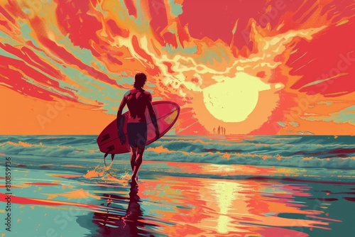 A person walking on a beach with a surfboard, perfect for travel websites