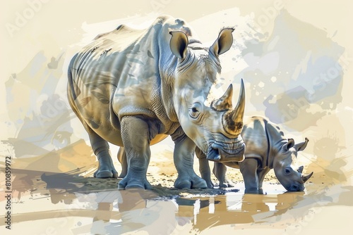 A painting of two rhinos standing side by side. Perfect for wildlife and conservation themes