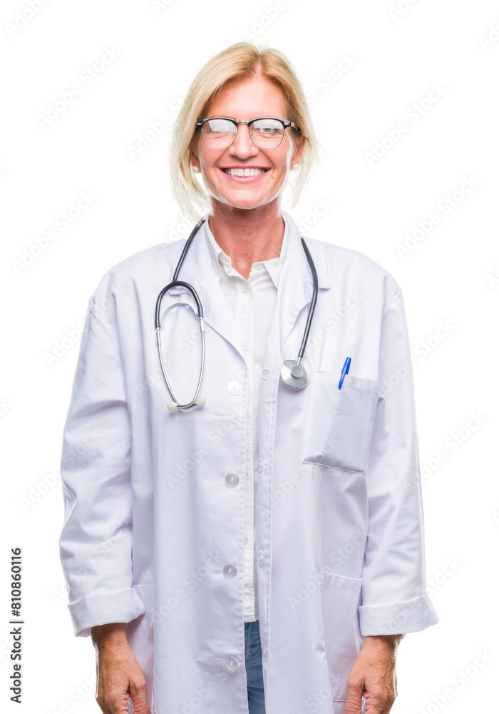 Middle age blonde doctor woman over isolated background with a happy and cool smile on face. Lucky person. Middle age blonde doctor woman over isolated background with a happy and cool smile on face. Lucky person.