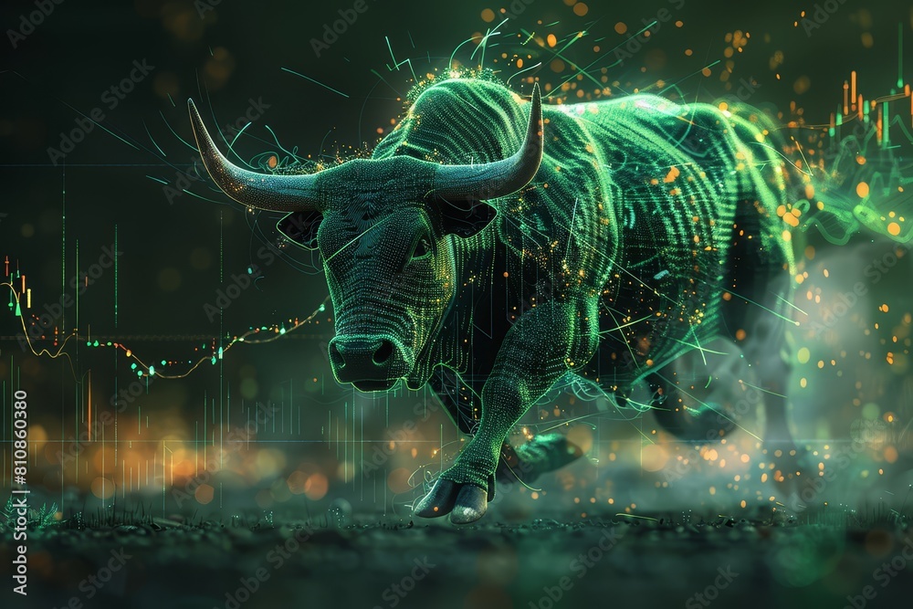A green digital bull running against the background of stock market charts