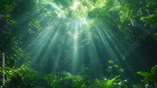 Dive into the lush greenery of a rainforest canopy, with beams of sunlight piercing through the dense foliage.