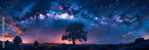 galactic light show in the night sky above a forest of trees, including a tall one on the left and a smaller one on the right, with a blue sky in the background