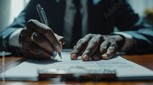 Close up of someone writing on a sheet of paper, suitable for educational or office themes