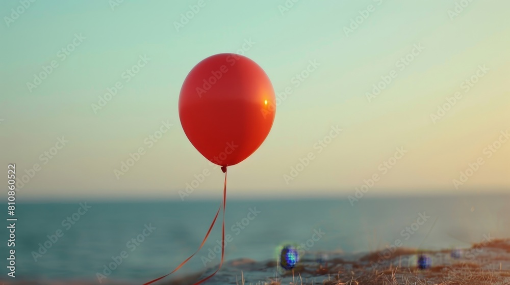A red balloon is floating in the air above the ocean A red balloon is floating in the air above the ocean