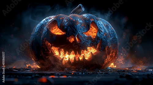 Encounter a hauntingly illuminated pumpkin with a grotesque face, set against the inky blackness of a spooky night. photo