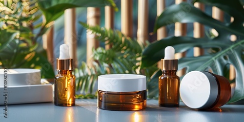 Closeup image of amber glass cosmetic bottles and jars with white caps on podiums against blurred background of green leaves. Natural skincare beauty product concept. AIG51A.