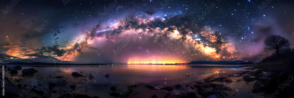 galactic light show in the night sky above a serene body of water, with a tall tree in the foreground