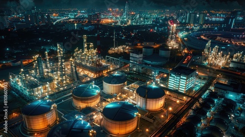 Industrial oil refinery at night with city lights in background. Suitable for energy and urban development concepts