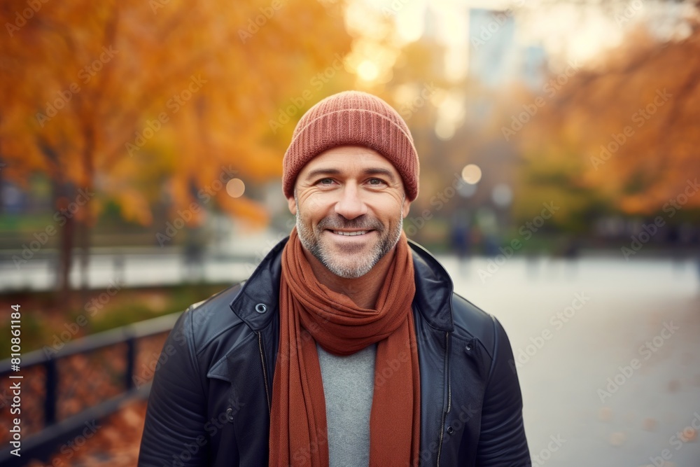 Portrait of a cheerful man in his 40s donning a warm wool beanie on vibrant city park Portrait of a cheerful man in his 40s donning a warm wool beanie on vibrant city park