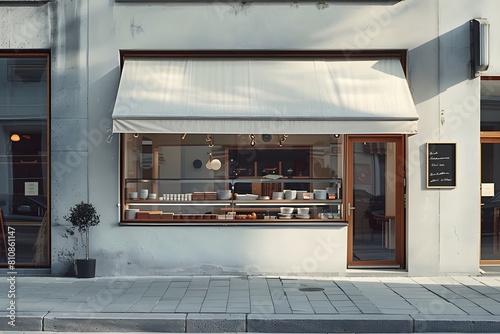A store front with a window and a sign on the side