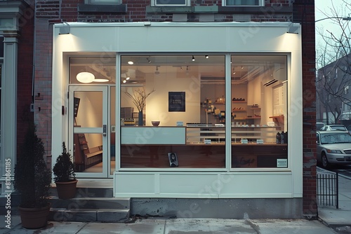 Fototapeta Naklejka Na Ścianę i Meble -  A store front with a large window and a small table