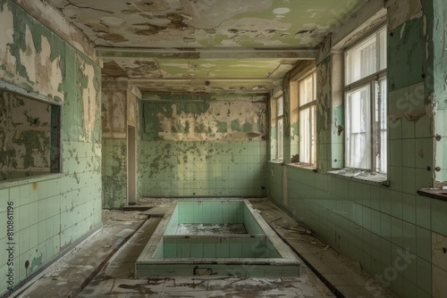 A bathtub in a run-down building  suitable for urban decay themes