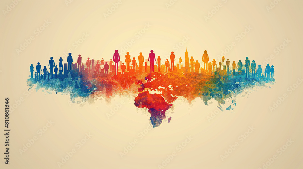 Obraz premium World Population Day Concept, 11July. watercolor art of colorful people Overcrowded, overloaded, explosion of world population and starvation.Poster Or banner 