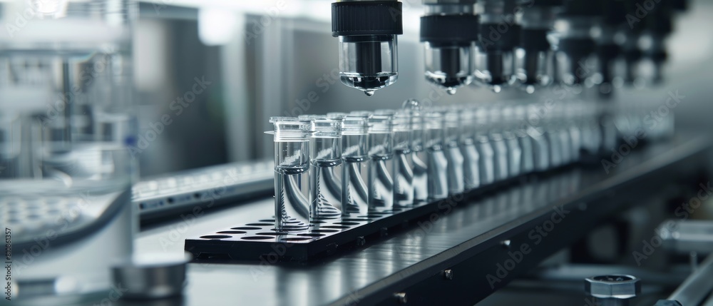 Close-up shot of an industrial machine producing sterile high precision items for medical use. Abstract industrial concept. Close-up shot of an industrial machine producing sterile high precision items for medical use. Abstract industrial concept.